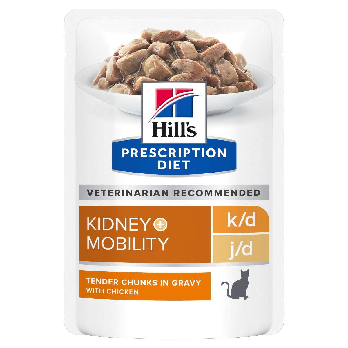 Hill's Prescription Diet k/d + Mobility portionspose til katte er et velafbalanceret fuldfoder til katte med nedsat nyrefunktion og tidlige hjertelidelser.