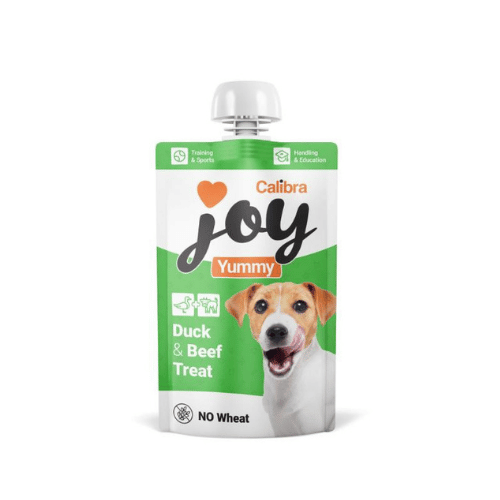 Joy Yummy fra Calibra duck and beef treat med glad hund for pakken
