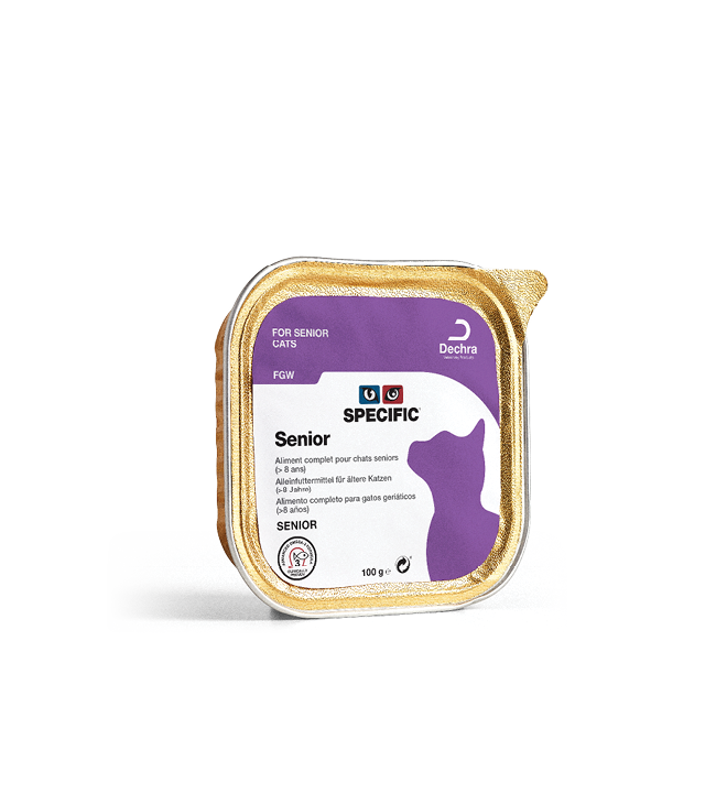 Specific Senior vådfoder til ældre katte. Afbalanceret vådfoder, der opfylder det daglige behov for sund ernæring af seniorkatte af alle racer. Foderet skåner kattens nyrer og understøtter sunde urinveje.