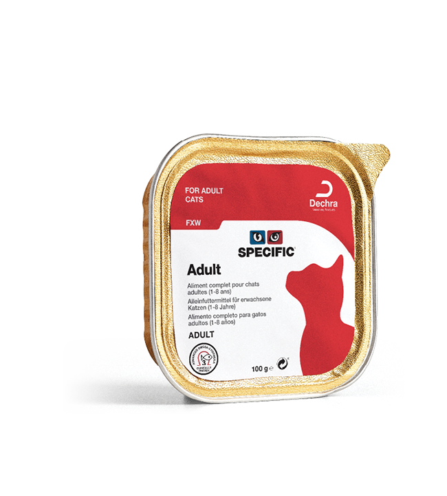SPECIFIC FXW Adult er velsmagende og letfordøjeligt vådfoder til raske voksne katte under 8 år. Foderet indeholder protein af høj kvalitet, letfordøjelige ingredienser samt fiskeolie for sund hud, pels og led.
