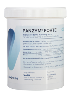 Panzym Forte til hunde og katte. Fodertilskud velegnet til hunde og katte med nedsat fordøjelse. Proteintilskud. Panzym pulver indeholder enzymer, der hjælper med at nedbryde foderet.