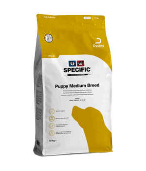 SPECIFIC CPD-M er et foder til hvalpe af mellemstore racer, med en voksenvægt på 10-25 kg.