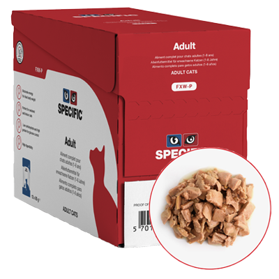 SPECIFIC FXW-P Adult er et vådfoder velegnet til katte i alle aldre. Foderet indeholder store mængder af omega-3 fedtsyrerne EPA og DHA fra fisk.