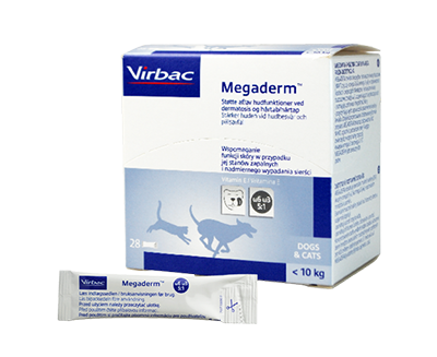 Megaderm er portionsanrettet kosttilskud med essentielle omega-3 og -6 fedtsyrer. Til genopbygning af en stærk hudbarriere og giver en flot pels.