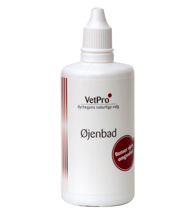 VetPro Øjenbad er et øjenrensemiddel til dyr, 100 ml. VetPro øjenbad er et øjenrensemiddel til dyr, som renser og desinficerer øjenlåg og øjenomgivelser uden at irritere.