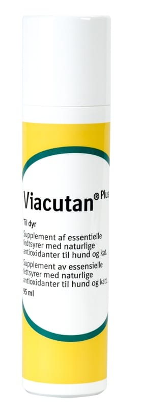 Viacutan Plus supplement af essentielle fedtsyrer til hund og kat, 95 ml. Består af en afbalanceret og koncentreret blanding af Omega 6 og Omega 3 fedtsyrer.