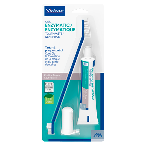 Virbac tandhygiejnesæt. Tandbørste og tandpasta til din hund og kat. Tandbørstning er vigtigt for at forebygge og behandle plak. 