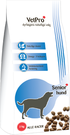VetPro Senior foder til ældre hunde, 2 kg. VetPro Senior foder af høj kvalitet til den ældre hund. Det er sammensat så behovet for næringsstoffer hos den ældre hund tilgodeses. 