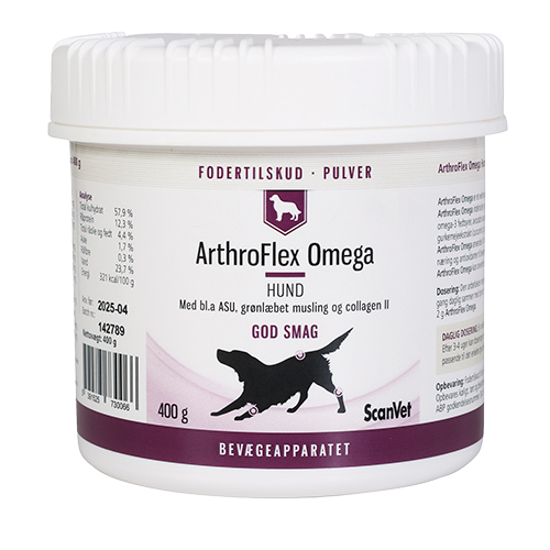 ArthroFlex Omega pulver til styrkelse af led hos hunde, 400 g. Fodertilskud i pulverform til hunde, der har behov for ekstra næring og antioxidanter til bevægeapparatet.