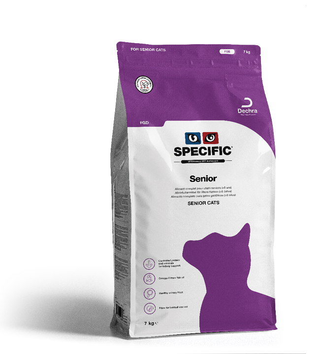 SPECIFIC FGD Senior er et velsmagende og afbalanceret foder til ældre katte over 8 år. De højt fordøjelige og afbalancerede næringsstoffer sikrer seniorkatten alle de nødvendige næringsstoffer for et sundt liv. 