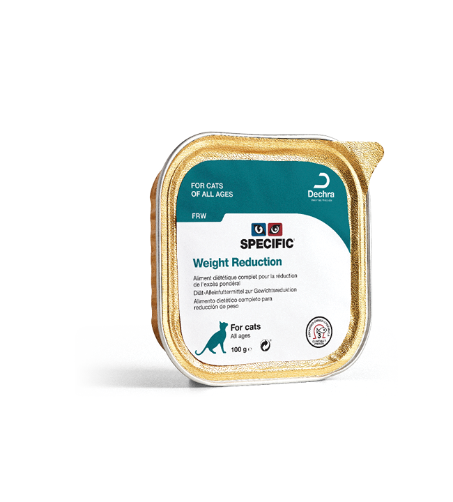 SPECIFIC FRW er et velsmagende og kaloriefattigt vådfoder til katte, der kæmper med at holde vægten eller skal tabe sig.