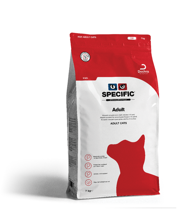 SPECIFIC FXD Adult er et afbalanceret fuldfoder med let fordøjelige ingredienser af høj kvalitet, der opfylder behovet for næringstoffer hos voksne katte. 