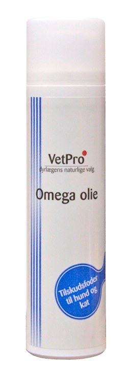 VetPro Omega Olie - tilskudsfoder til hund og kat, 100 ml. VetPro Omega Olie er et tilskudsfoder til hunde og katte, som har et højt indhold af omega 3- og 6 fedtsyrer. Styrker hud, pels og led. 