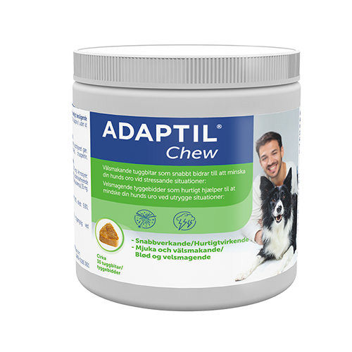 Adaptil Chew er velsmagende tyggebidder til hunde, som hurtigt mindsker hundens uro ved utrygge situationer. Hjælper din hund til at slappe af, uden at den bliver døsig eller omtåget. 