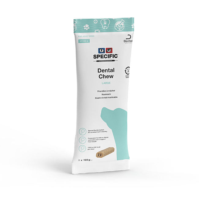 SPECIFIC CT-DC-L Dental Chew Large har en særlig blød konsistens og porøs struktur, der gør det muligt for tænderne at trænge dybt ned i tyggebenet og skrabe tænderne rene.