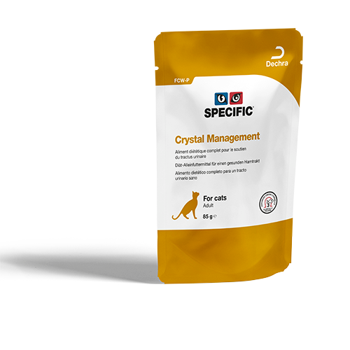 SPECIFIC FCW-P Crystal Management er foder velegnet til katte, som døjer med struvitsten. FCW-P Crystal Management er lækre bidder i sovs, som understøtter håndteringen af struvit og kalciumoxalatsten. 