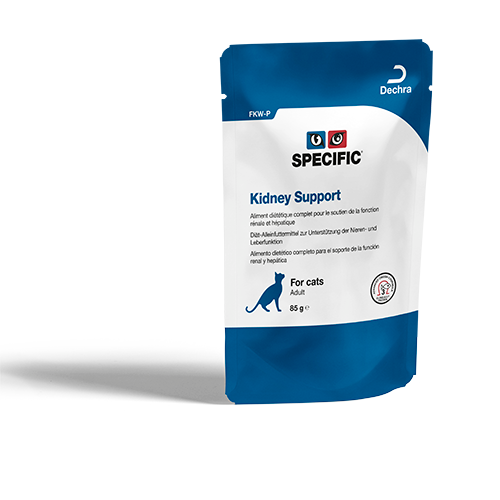 SPECIFIC FKW-P Kidney Support er lækre bidder i sovs, der giver ernæringsmæssig støtte til katte med nedsat nyre- og/eller leverfunktion. Med et unikt højt indehold af fiskeolie. 