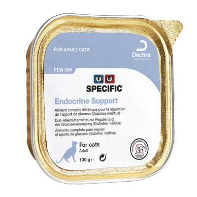 SPECIFIC FEW-DM Endocrine Support er vådfoder specielt udviklet til katte med sukkersyge eller andre hormonelle lidelser. Det er et vådfoder velegnet til ernæringsmæssig støtte af katte med diabetes.