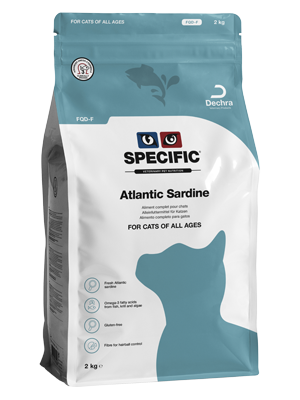 SPECIFIC FQD-F Atlantic Sardine er velsmagende fuldfoder til katte i alle aldre. FQD-F Atlantic Sardine er glutenfrit og velegnet til katte i alle aldre. 