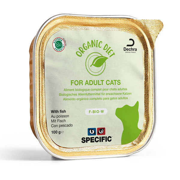 SPECIFIC F-BIO-W er økologisk vådfoder til katte med smag af fisk. Foderet er certificeret økologisk, hvilket vil sige, at råvarerne er dyrket/opdrættet med respekt for dyrevelfærd og miljø. 