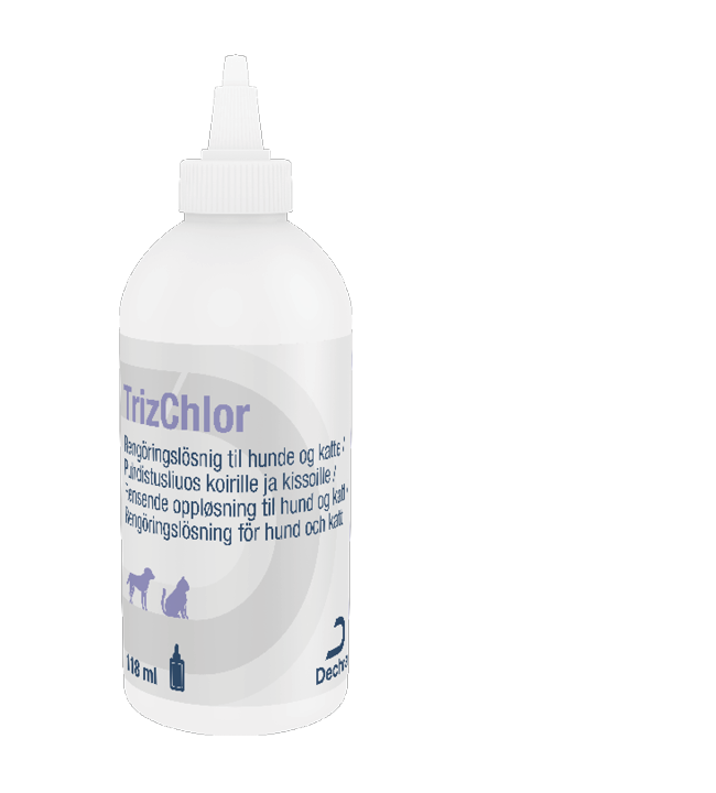 TrizChlor desinficerende ørerens til hunde og katte. Kan bruges på hud og i ører. 