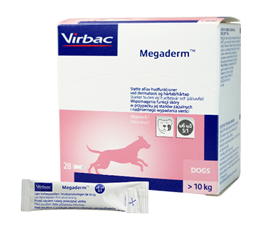 Virbac Megaderm er portionsanrettet kosttilskud med essentielle omega-3 og -6 fedtsyrer. Til genopbygning af en stærk hudbarriere og giver en flot pels.