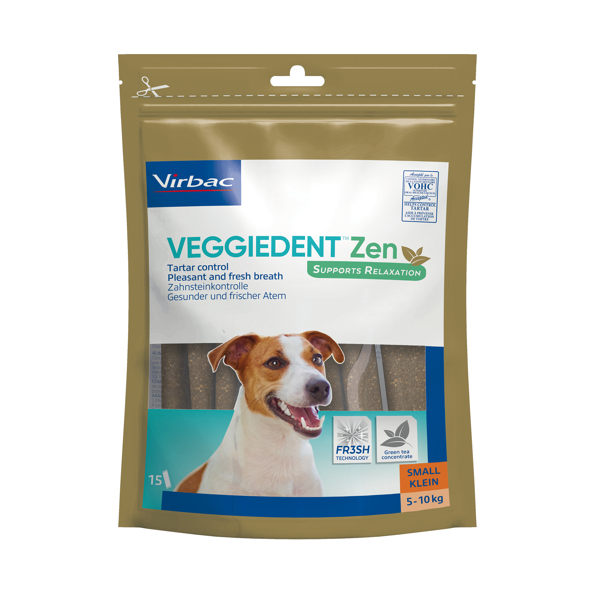 VeggieDent Zen S tyggepinde. Tyggepinde til din hund som kan anvendes mod stress- og angstreaktioner. De har en afslappende effekt og modvirker dannelsen af plak og tandsten.