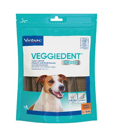 Virbac Veggiedent Fr3sh Small. VeggieDent Fresh. Tyggepinde til små hunde. Mod dårlig ånde, plak og tandsten hos hunde.