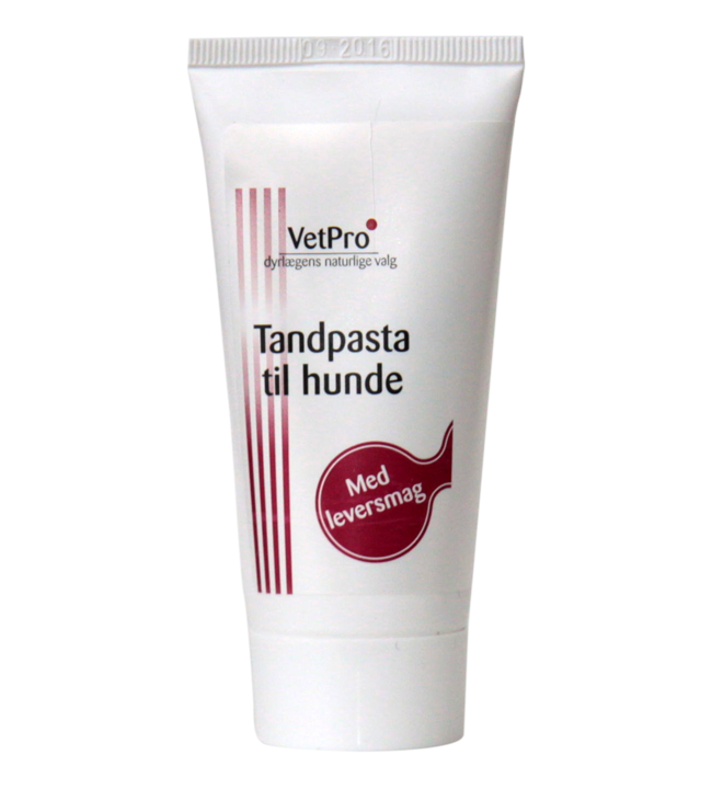 VetPro tandpasta med leversmag til hunde, 50 ml. Renser tænder og tandkød for plak og andre belægninger uden at skade tandkødet