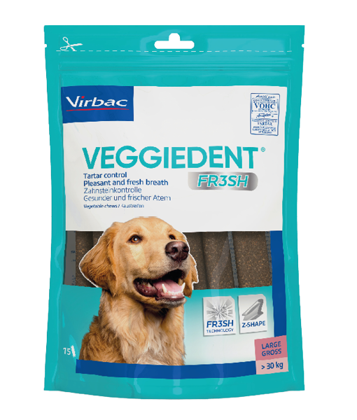 VeggieDent Fresh er tyggepinde til hunde. VeggieDent Fr3sh reducerer plak og tandsten, og giver en frisk ånde. 