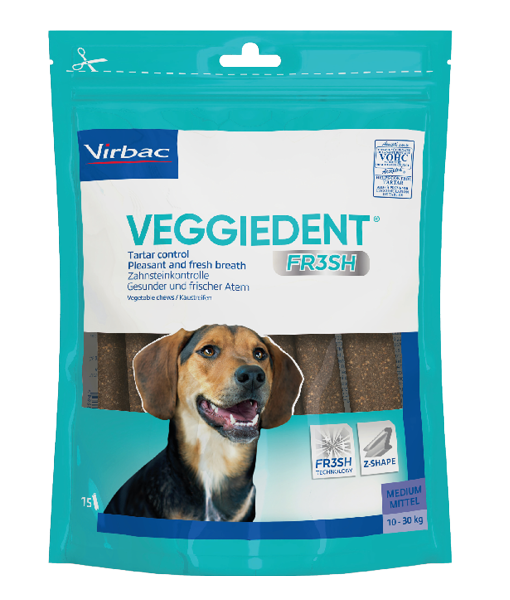 Virbac VeggieDent Fresh er vegetabilske tyggepinde, der modvirker plak, tandsten og dårlig ånde. VeggieDent Fr3sh sikrer en mekanisk rensende effekt. Fås i flere størrelse til alle hunde. 